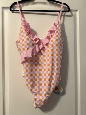 Caden Lane Pink and Orange Checkered Ruffle Swimsuit